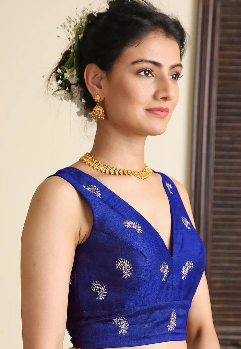 Embroidered Dupion Silk Blouse in Royal Blue