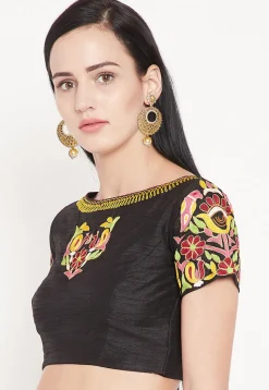 Embroidered Dupion Silk Blouse in Black