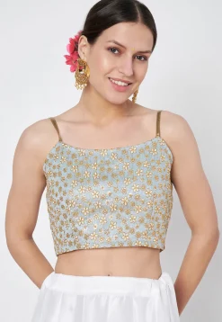Embroidered Dupion Silk Blouse in Dusty Blue