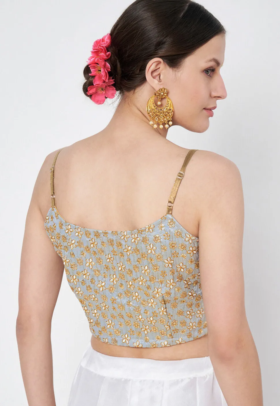 Embroidered Dupion Silk Blouse in Dusty Blue