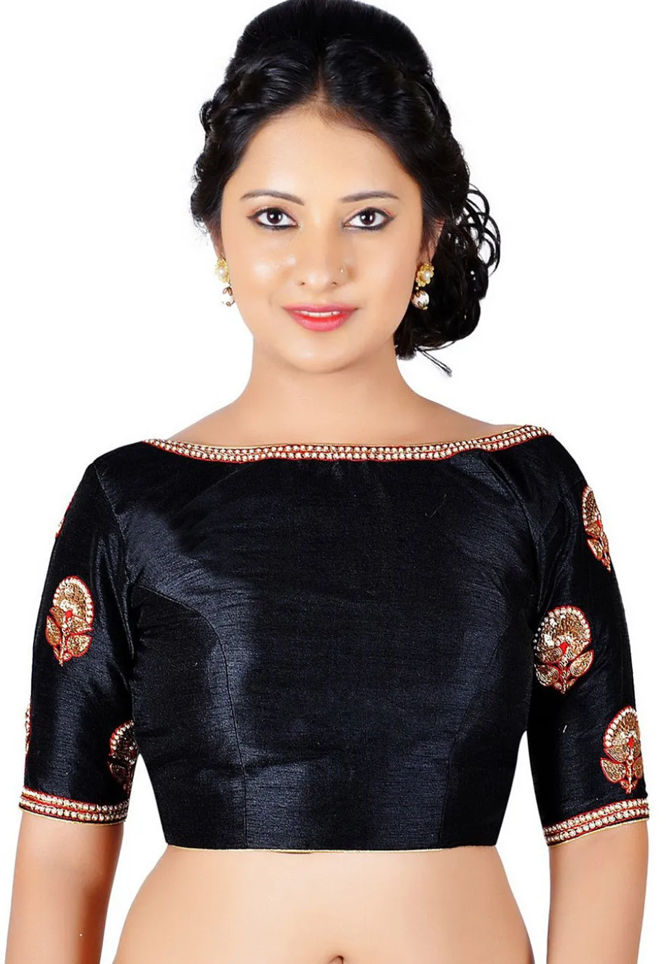 Embroidered Dupion Silk Blouse in Black