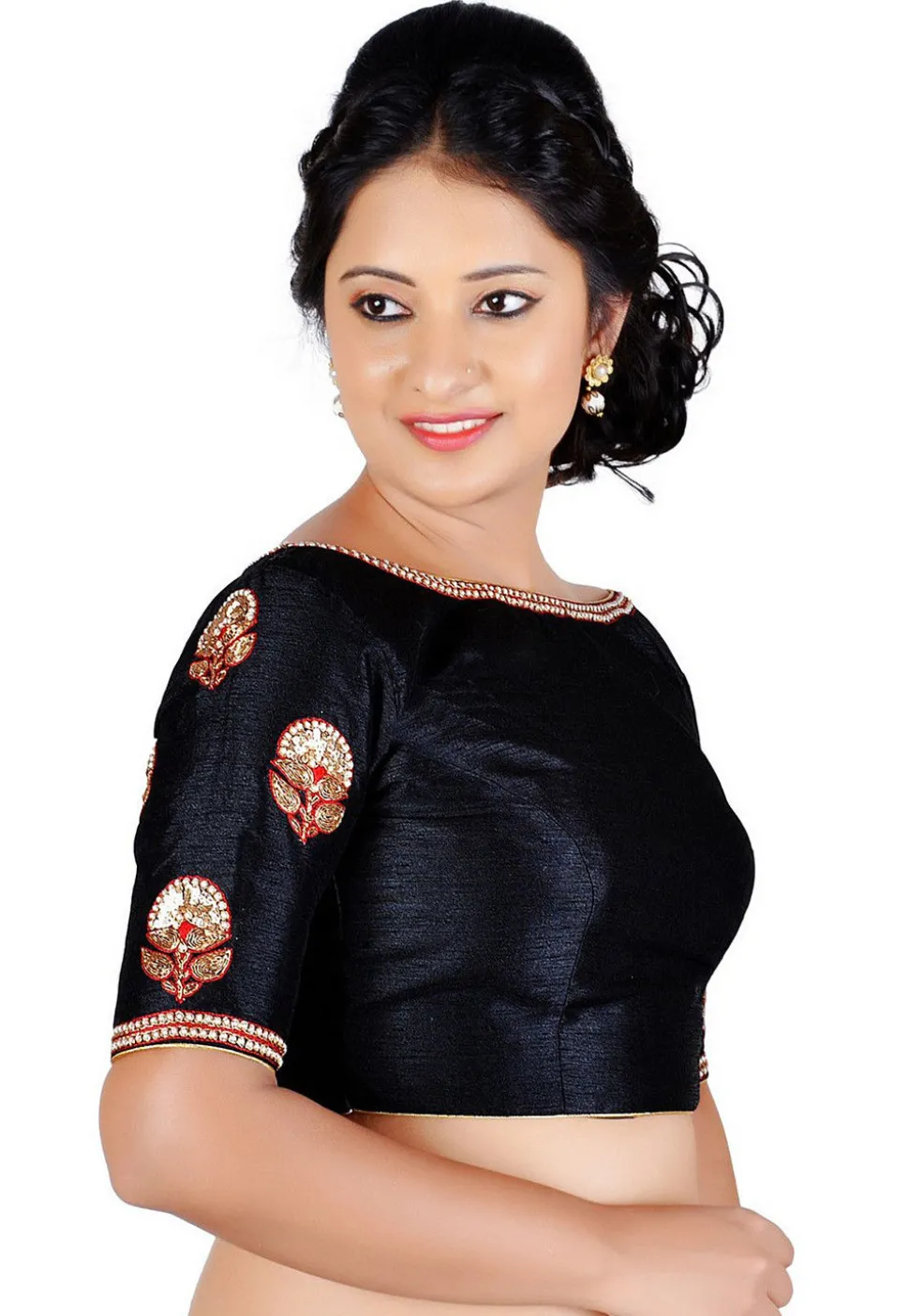 Embroidered Dupion Silk Blouse in Black