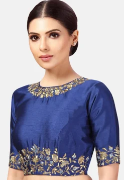 Embroidered Dupion Silk Blouse in Royal Blue