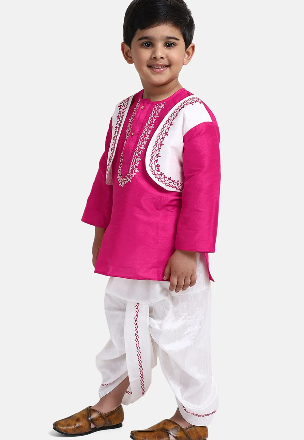 Embroidered Dupion Silk Dhoti Kurta in Fuchsia