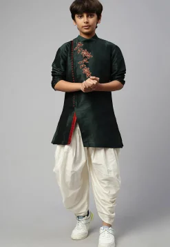 Embroidered Dupion Silk Dhoti Kurta Set in Dark Green