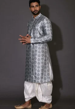 Embroidered Dupion Silk Dhoti Kurta in Grey