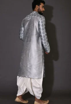 Embroidered Dupion Silk Dhoti Kurta in Grey