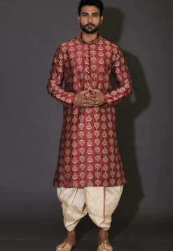 Embroidered Dupion Silk Dhoti Kurta in Maroon