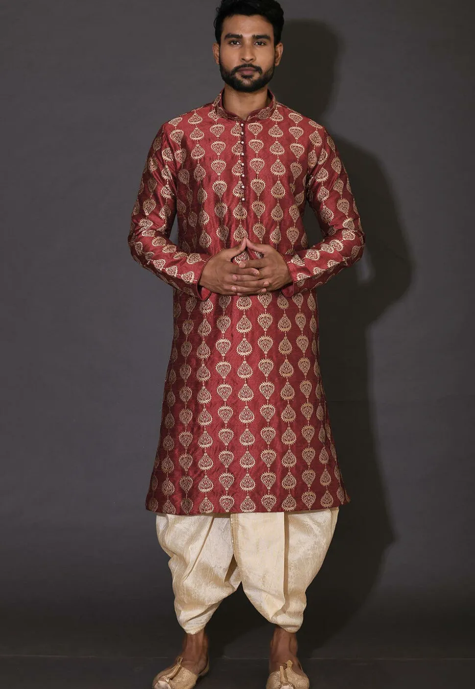Embroidered Dupion Silk Dhoti Kurta in Maroon