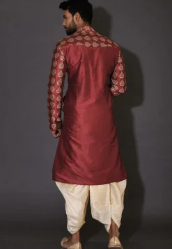 Embroidered Dupion Silk Dhoti Kurta in Maroon