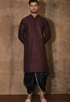 Embroidered Dupion Silk Dhoti Kurta in Wine