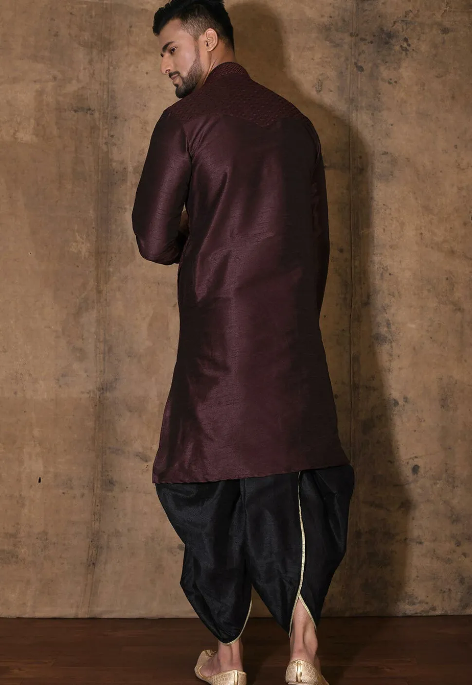 Embroidered Dupion Silk Dhoti Kurta in Wine