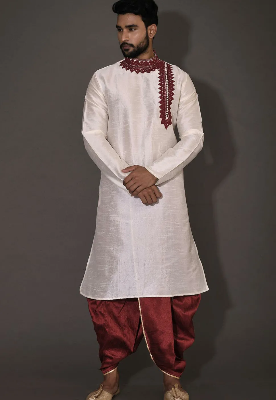 Embroidered Dupion Silk Dhoti Kurta in Cream