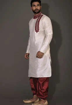Embroidered Dupion Silk Dhoti Kurta in Cream