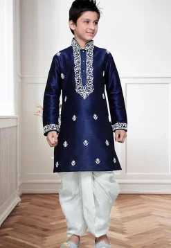Embroidered Dupion Silk Dhoti Kurta in Navy Blue