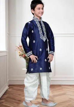 Embroidered Dupion Silk Dhoti Kurta in Navy Blue