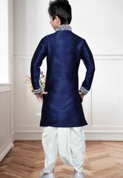 Embroidered Dupion Silk Dhoti Kurta in Navy Blue