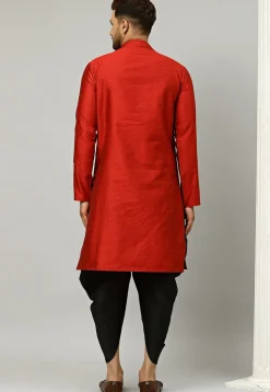 Embroidered Dupion Silk Dhoti Kurta in Red