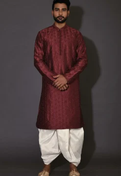 Embroidered Dupion Silk Dhoti Kurta in Maroon