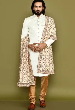 Embroidered Dupion Silk Dupatta in Beige