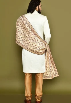 Embroidered Dupion Silk Dupatta in Beige
