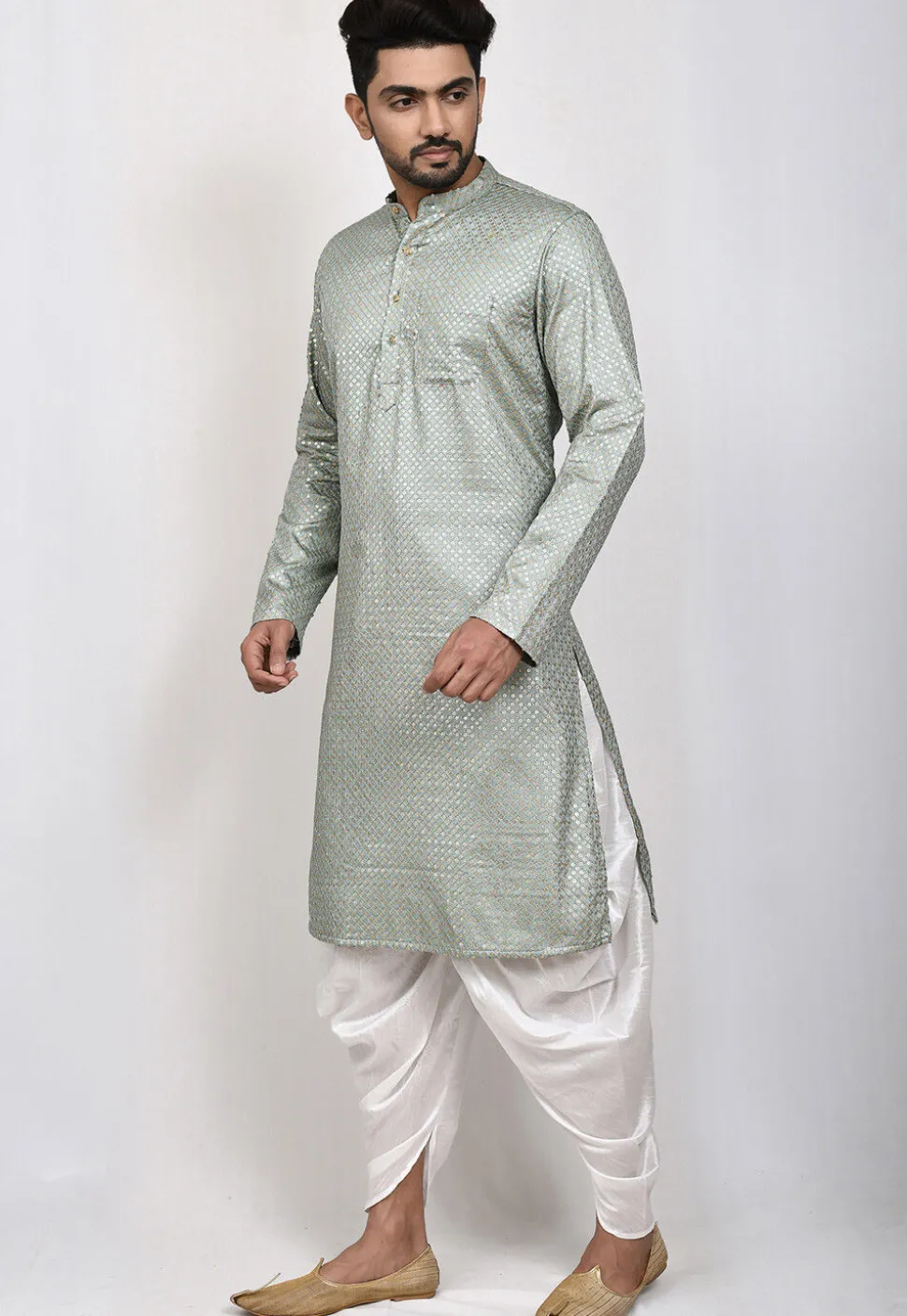 Embroidered Dupion Silk Dhoti Kurta in Grey