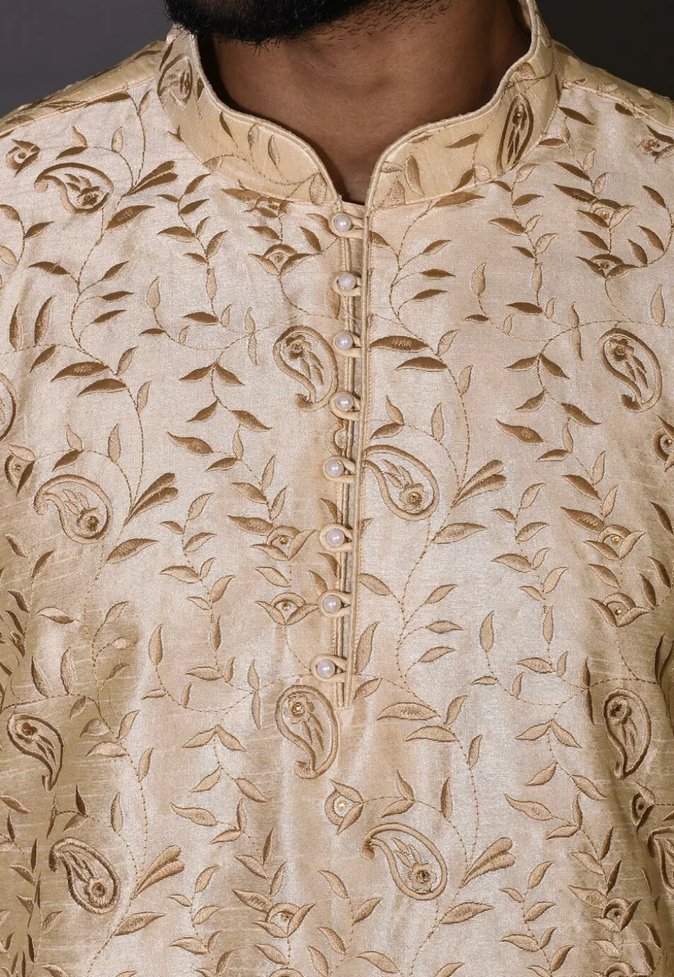 Embroidered Dupion Silk Dhoti Kurta in Beige