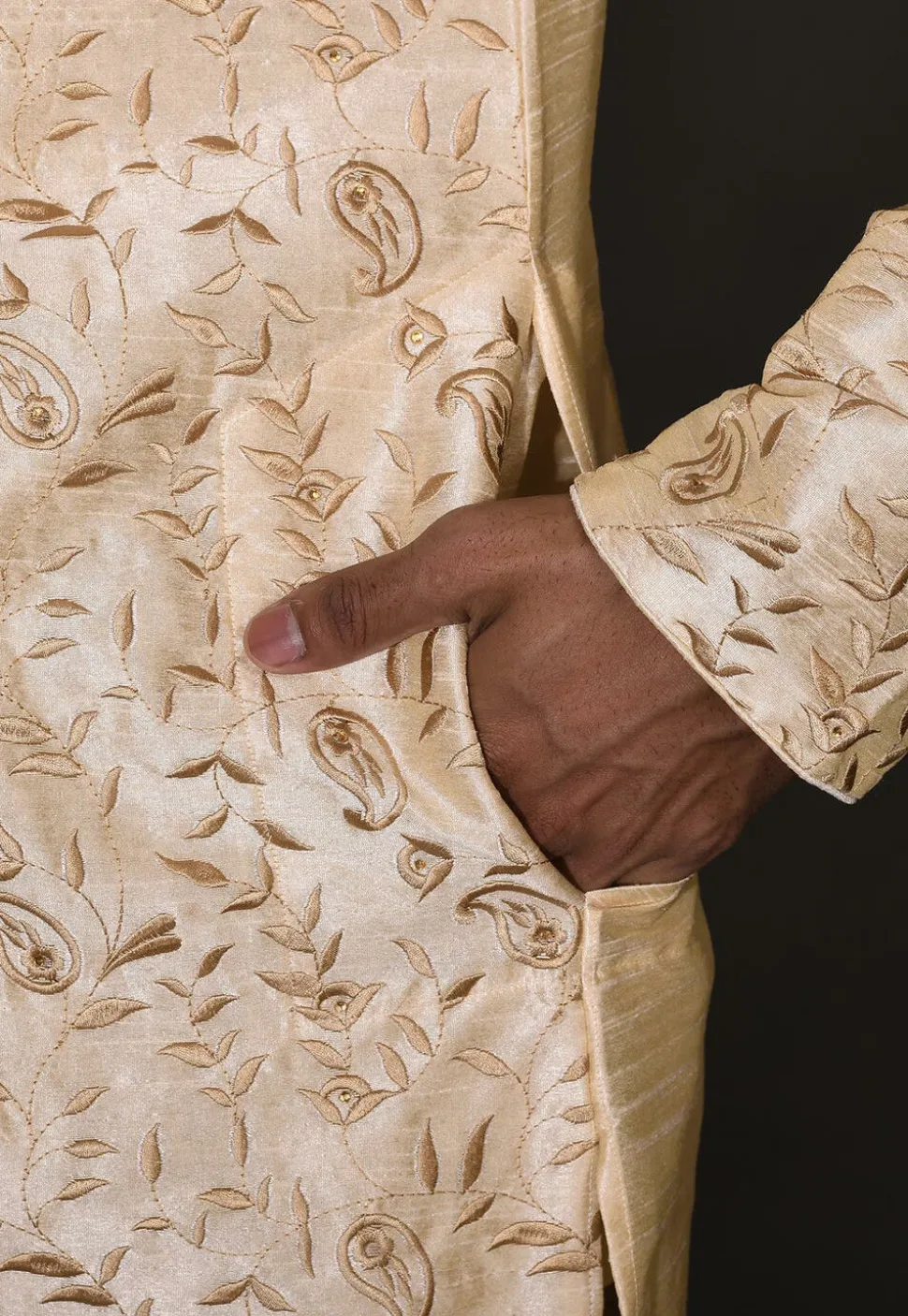 Embroidered Dupion Silk Dhoti Kurta in Beige