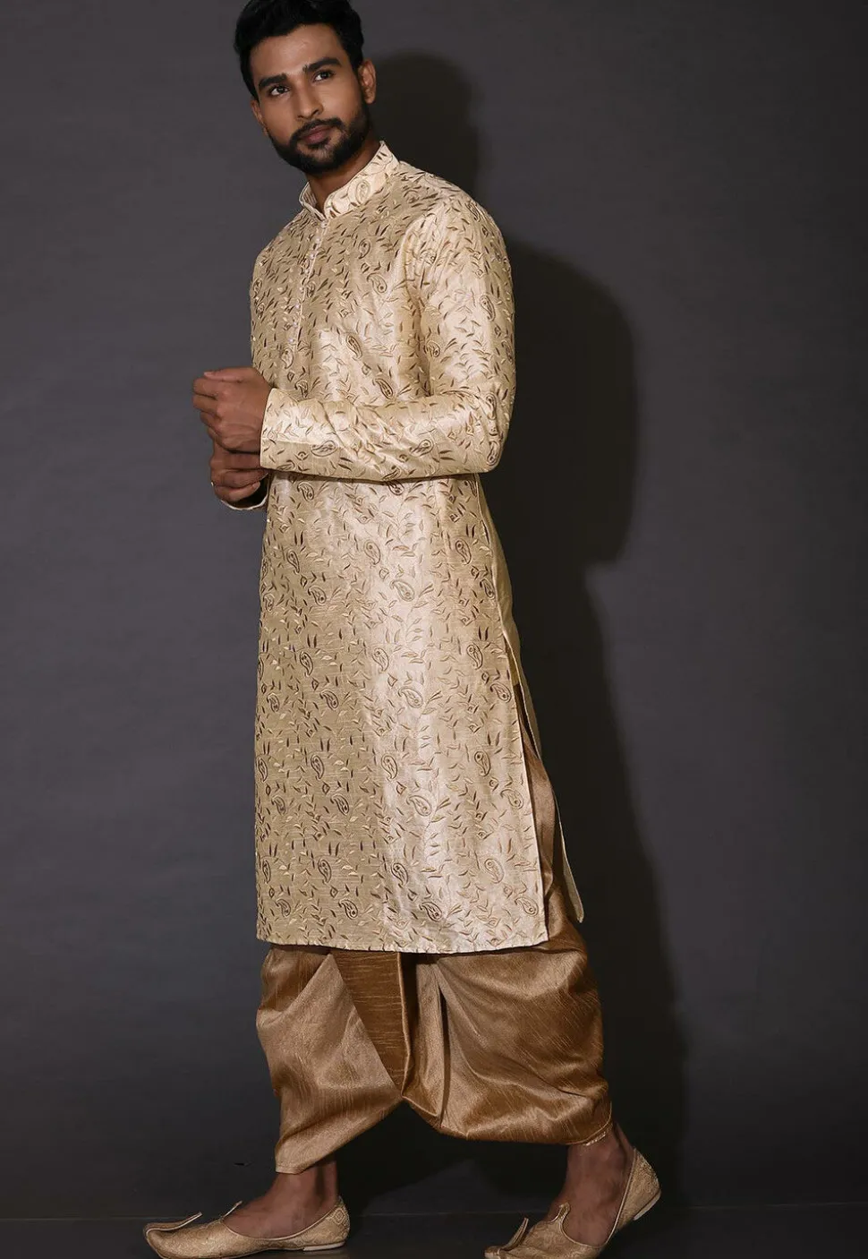 Embroidered Dupion Silk Dhoti Kurta in Beige