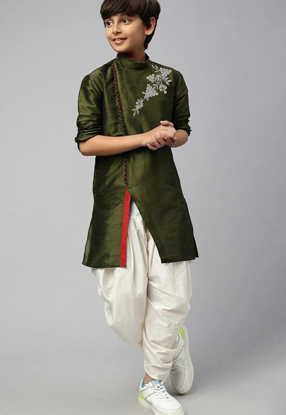 Embroidered Dupion Silk Dhoti Kurta Set in Olive Green