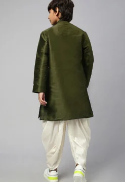Embroidered Dupion Silk Dhoti Kurta Set in Olive Green