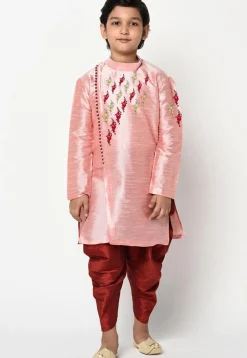 Embroidered Dupion Silk Dhoti Kurta in Pink