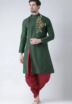 Embroidered Dupion Silk Dhoti Kurta in Dark Green