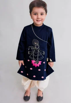 Embroidered Dupion Silk Dhoti Kurta in Navy Blue