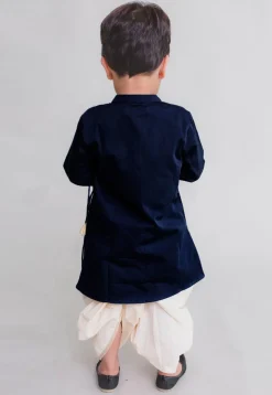 Embroidered Dupion Silk Dhoti Kurta in Navy Blue