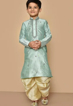 Embroidered Dupion Silk Dhoti Kurta in Sea Green