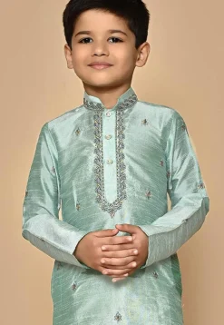 Embroidered Dupion Silk Dhoti Kurta in Sea Green