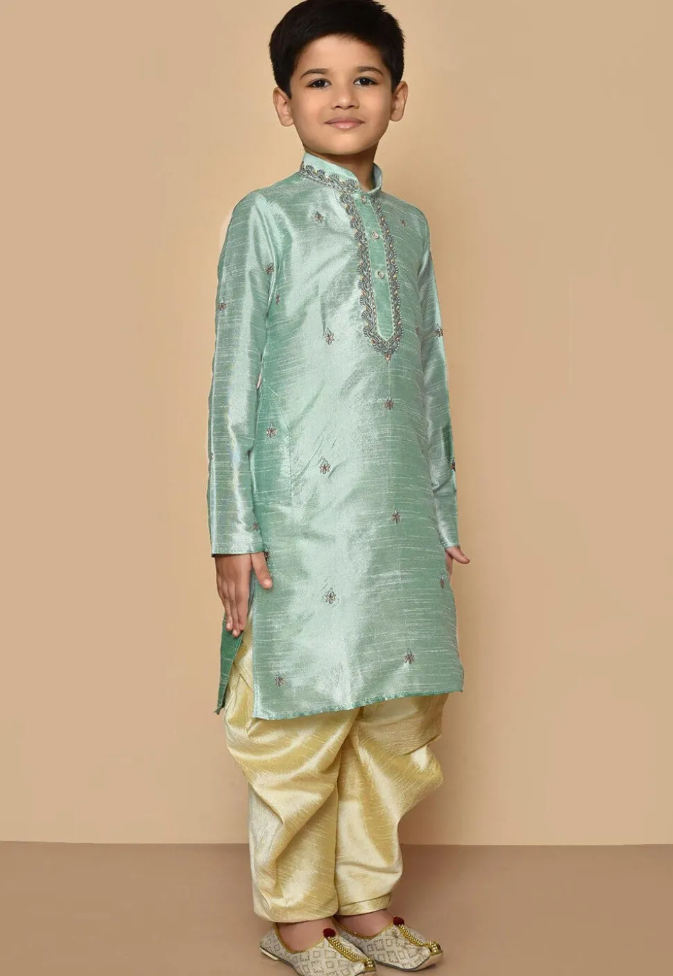 Embroidered Dupion Silk Dhoti Kurta in Sea Green
