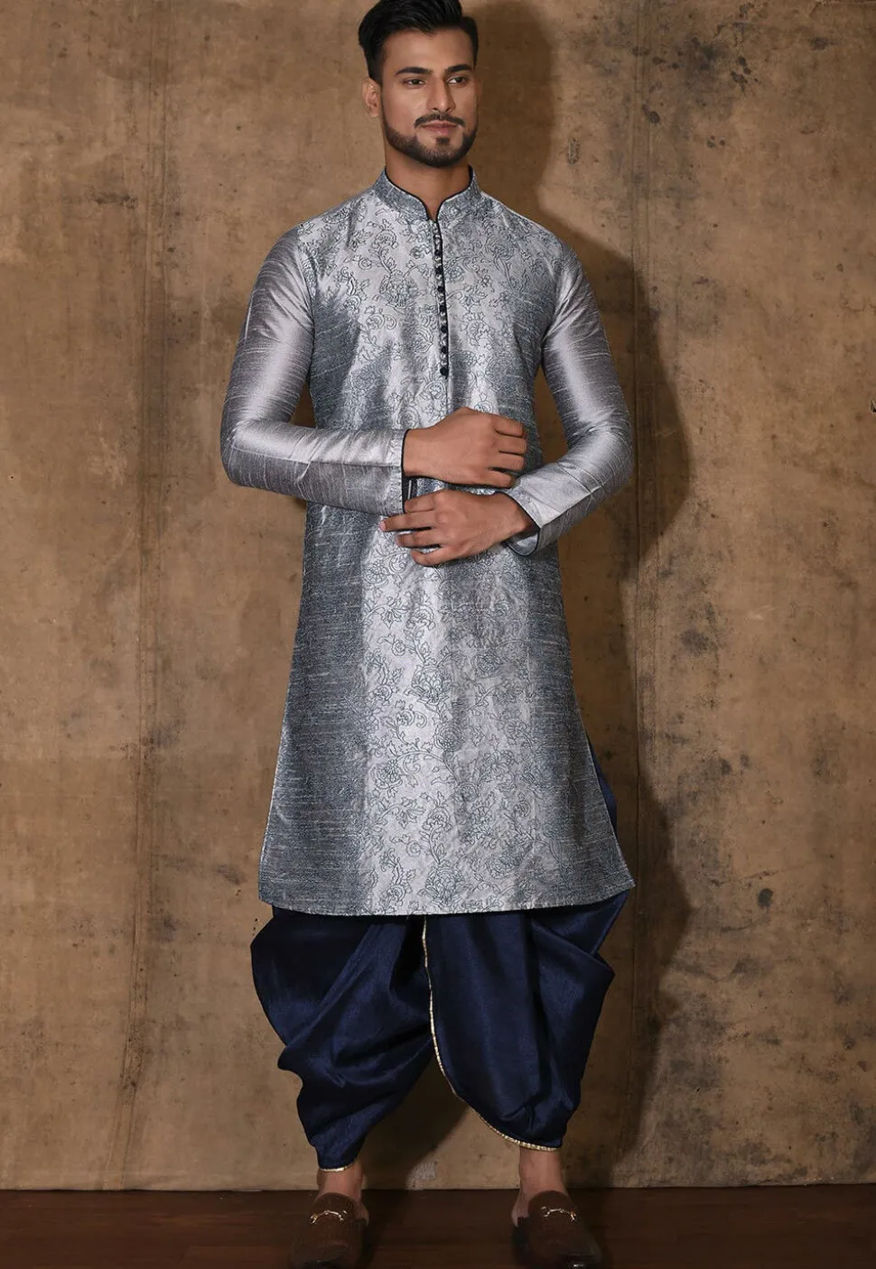 Embroidered Dupion Silk Dhoti Kurta in Grey