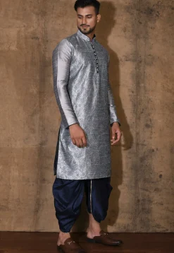 Embroidered Dupion Silk Dhoti Kurta in Grey