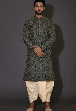 Embroidered Dupion Silk Dhoti Kurta in Dark Green