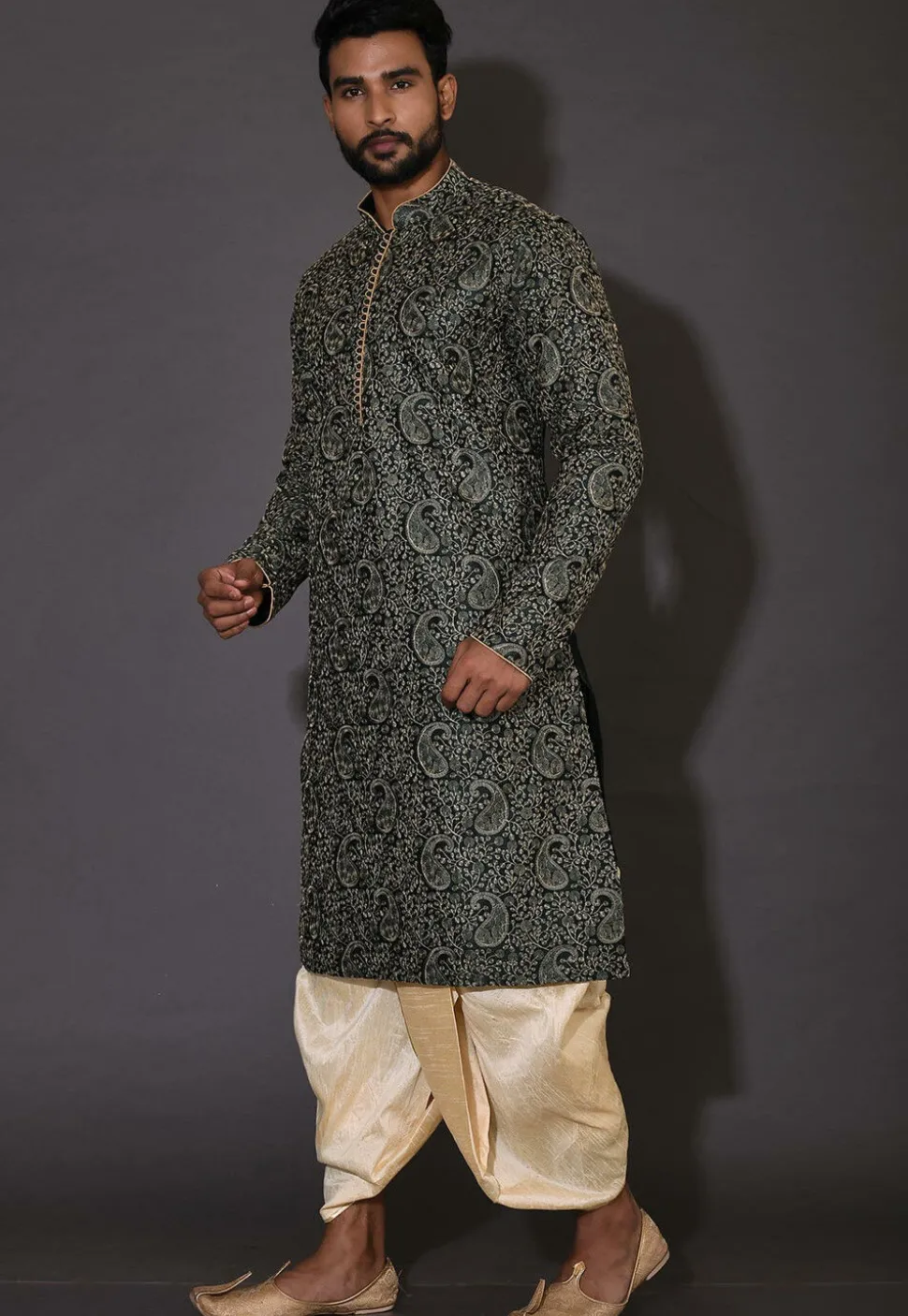 Embroidered Dupion Silk Dhoti Kurta in Dark Green