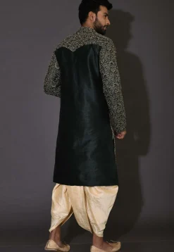 Embroidered Dupion Silk Dhoti Kurta in Dark Green