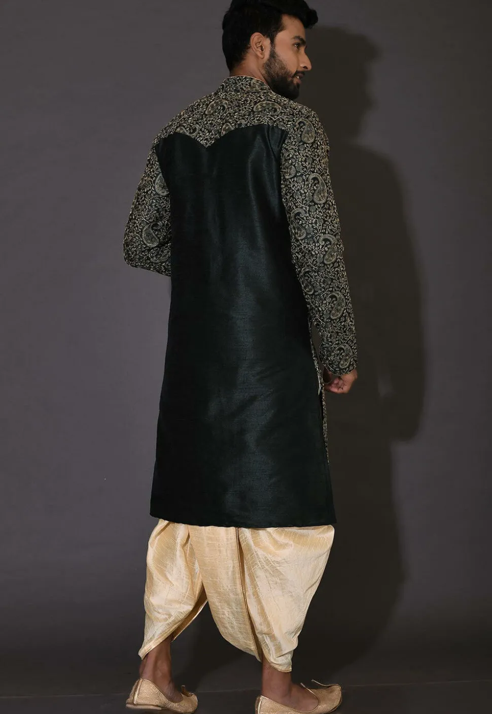 Embroidered Dupion Silk Dhoti Kurta in Dark Green