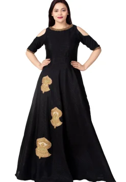 Embroidered Dupion Silk Flared Gown in Black