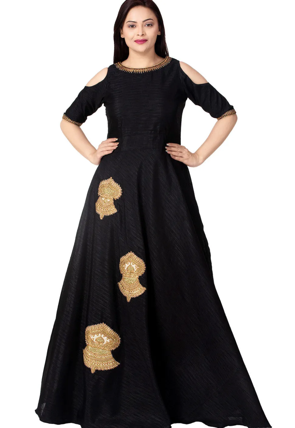Embroidered Dupion Silk Flared Gown in Black