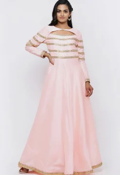 Embroidered Dupion Silk Flared Gown in Peach