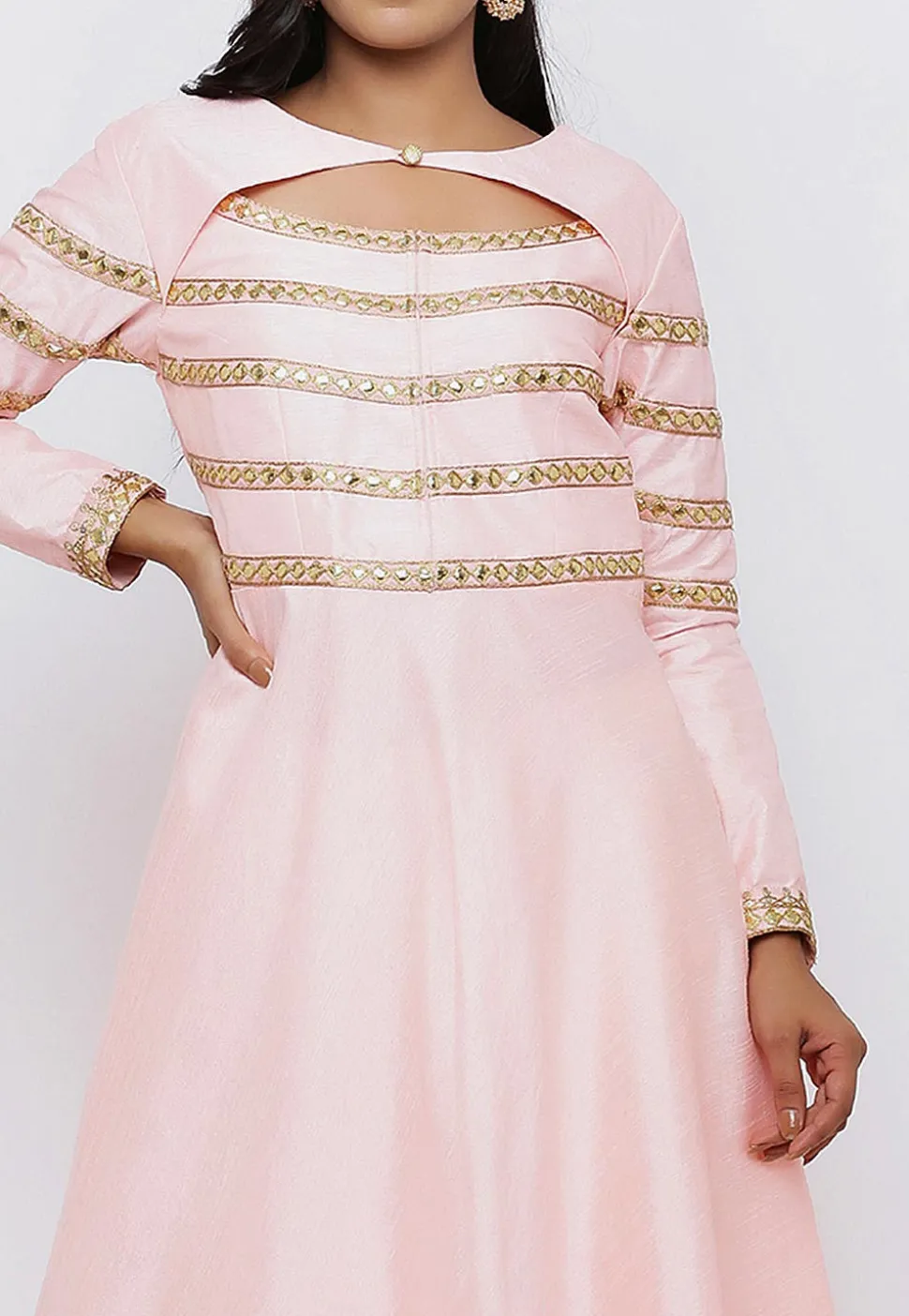 Embroidered Dupion Silk Flared Gown in Peach