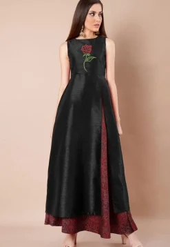Embroidered Dupion Silk Front Slitted A Line Kurta in Black