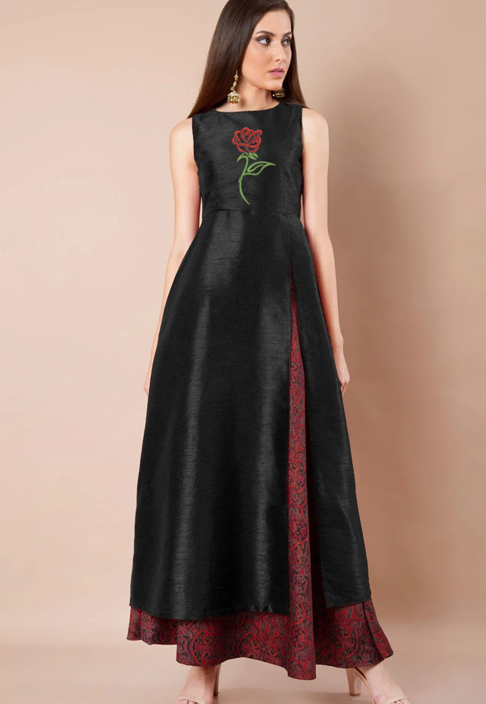 Embroidered Dupion Silk Front Slitted A Line Kurta in Black
